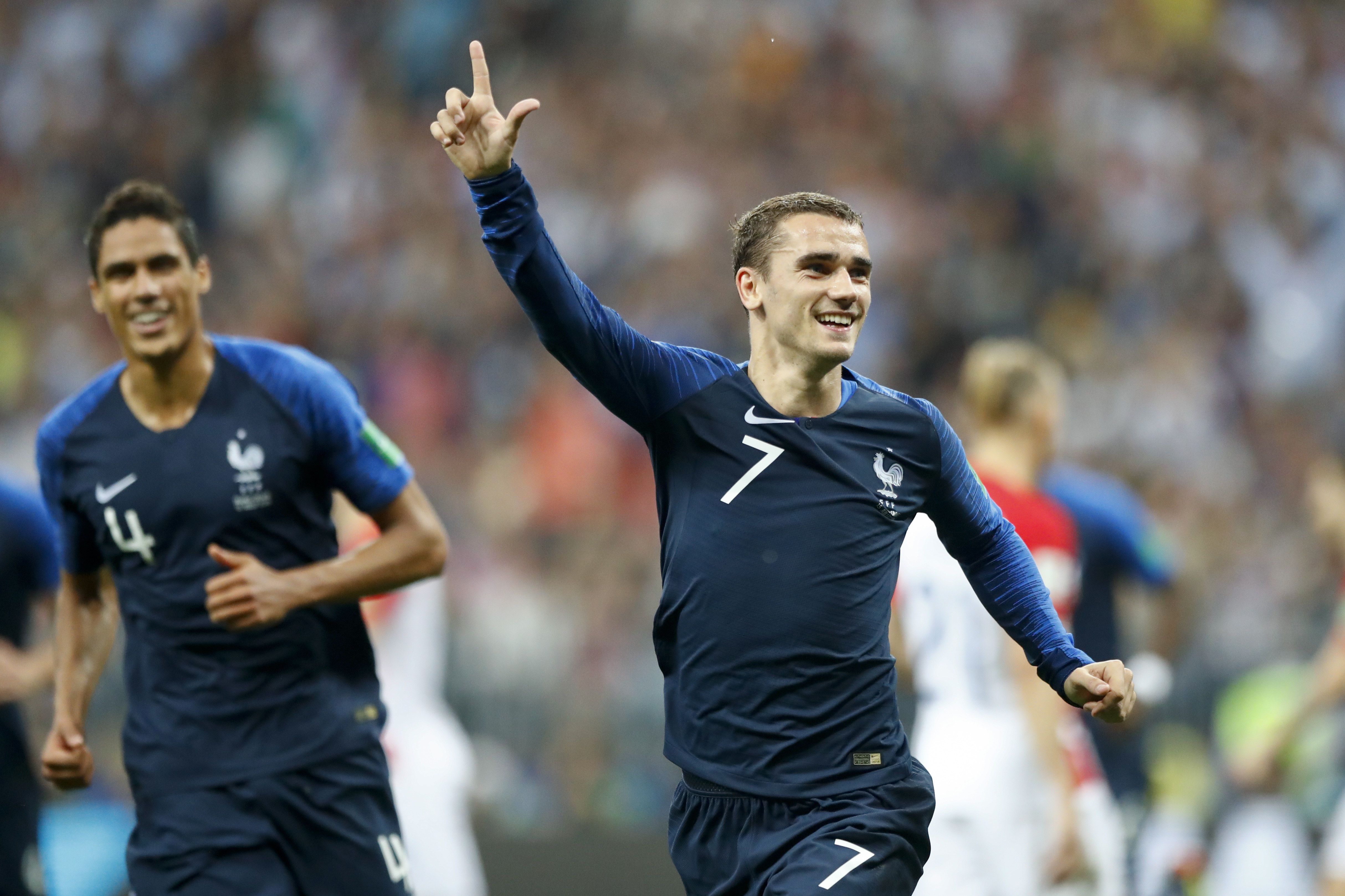 France's Antoine Griezmann celebrates after scoring on a penalty his side' second goal during the final match between France and Croatia at the 2018 soccer World Cup in the Luzhniki Stadium in Moscow - AP